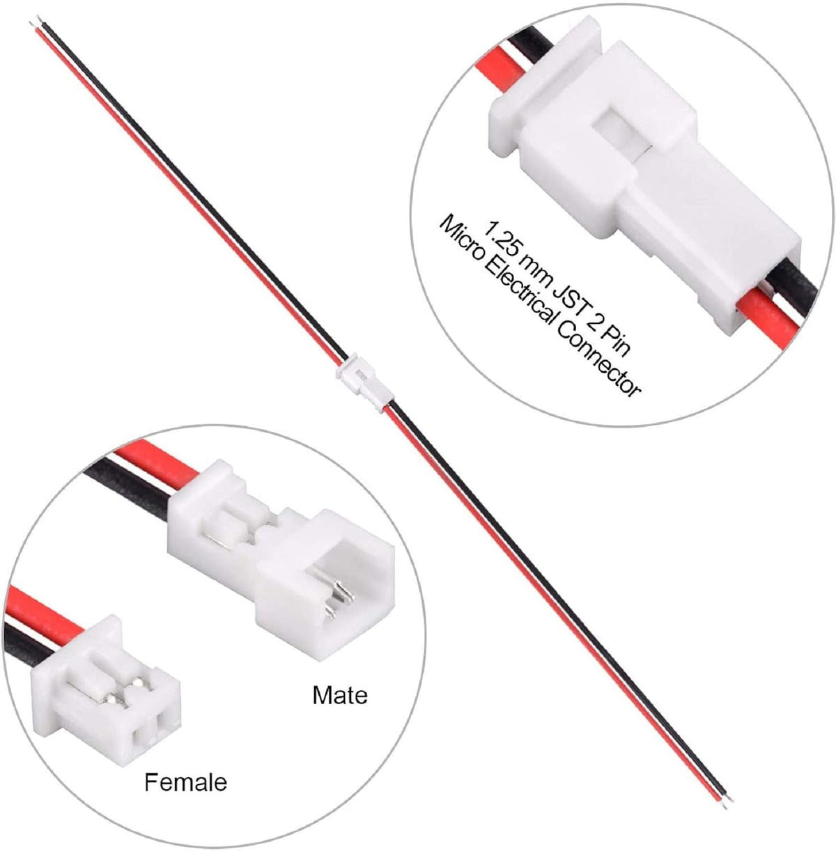 30 Pairs JST 1.25mm 2 Pin Micro Male Female Connector Plug with Red Black Wire Cable 80mm M38820