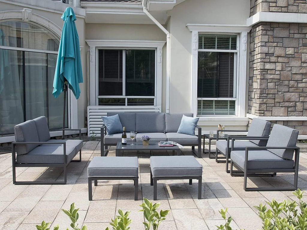 Grey 8 Piece Aluminum Outdoor Sectional Sofa with Ottomans and Coffee Table Z642589
