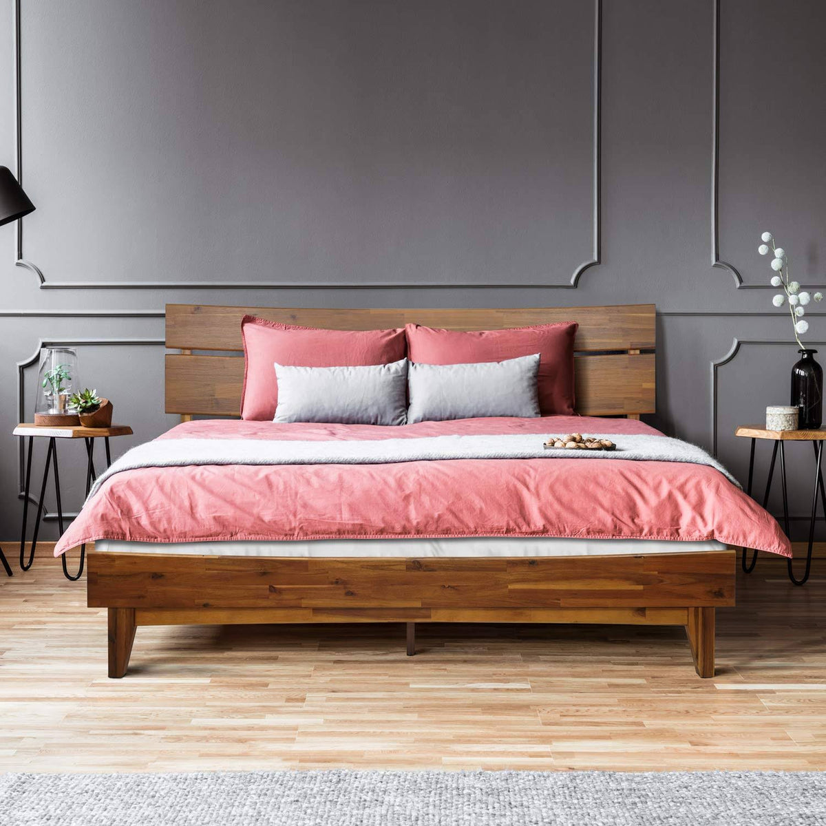 Caramel Wood Platform Bed Frame with Headboard, King J512