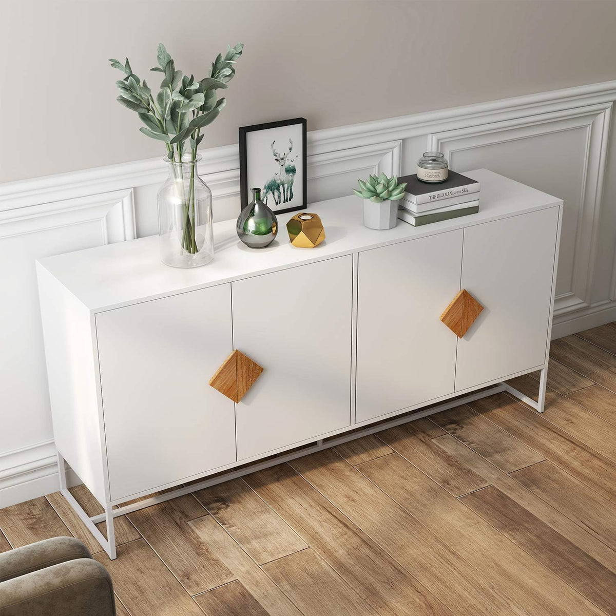 White 2 Door Sideboard with Solid Wood Handles and Metal Legs C158