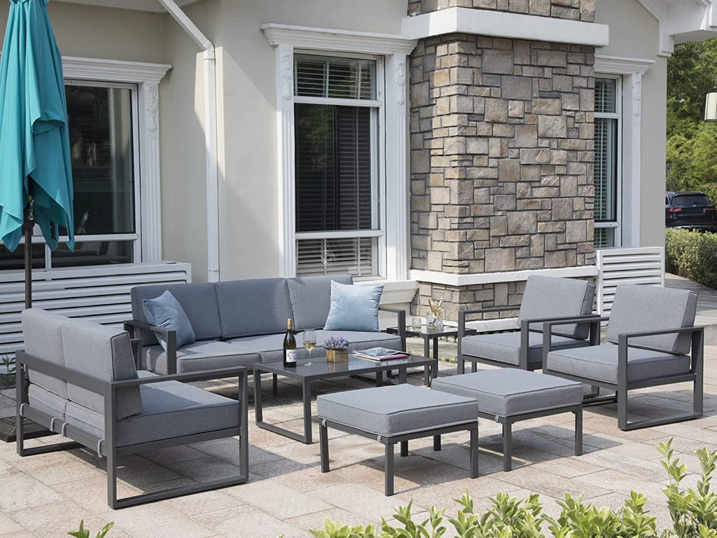 Grey 8 Piece Aluminum Outdoor Sectional Sofa with Ottomans and Coffee Table Z642589
