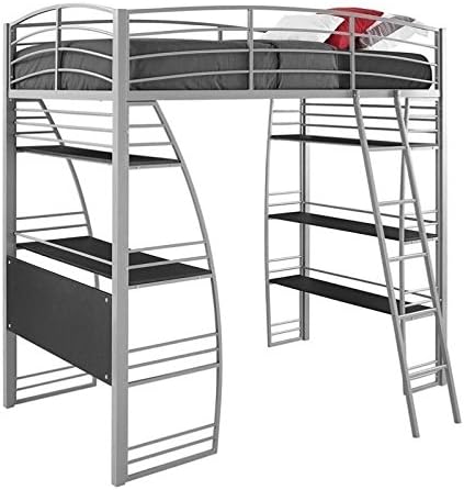 Gray Metal Frame Twin Loft Bed with Desk and Bookcase G378407