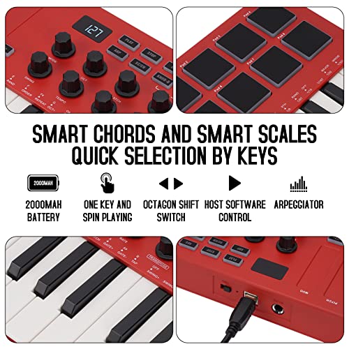 25 Key USB MIDI Keyboard Controller With 8 Backlit Drum Pads, Bluetooth Semi Weighted X632376