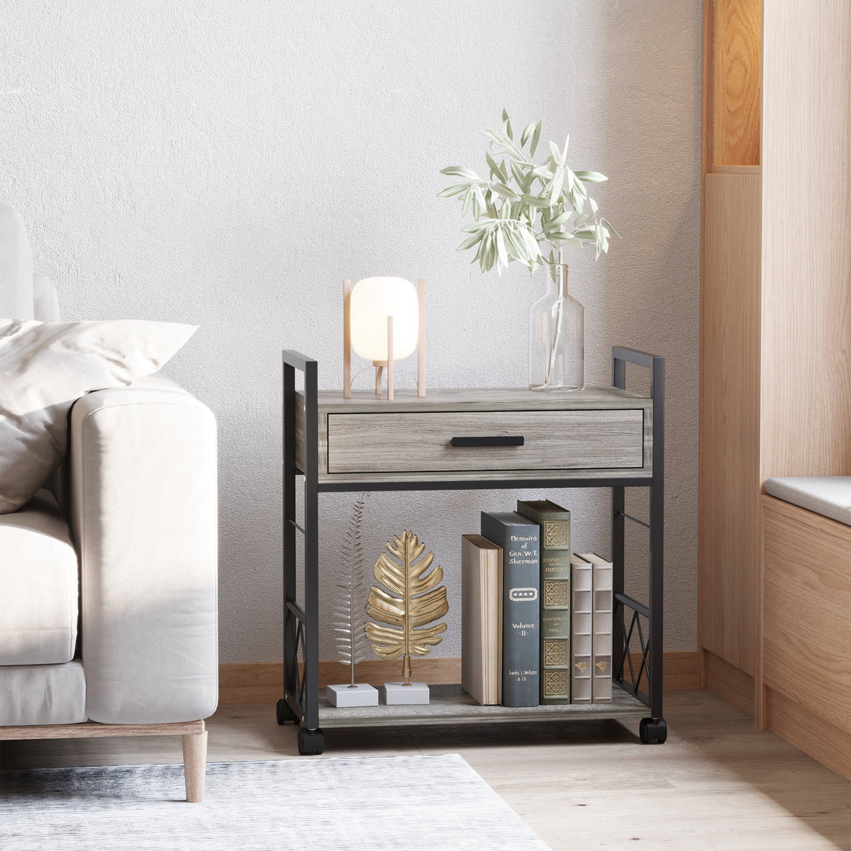 Grey Industrial End Table with Drawer and Bottom Shelf K366