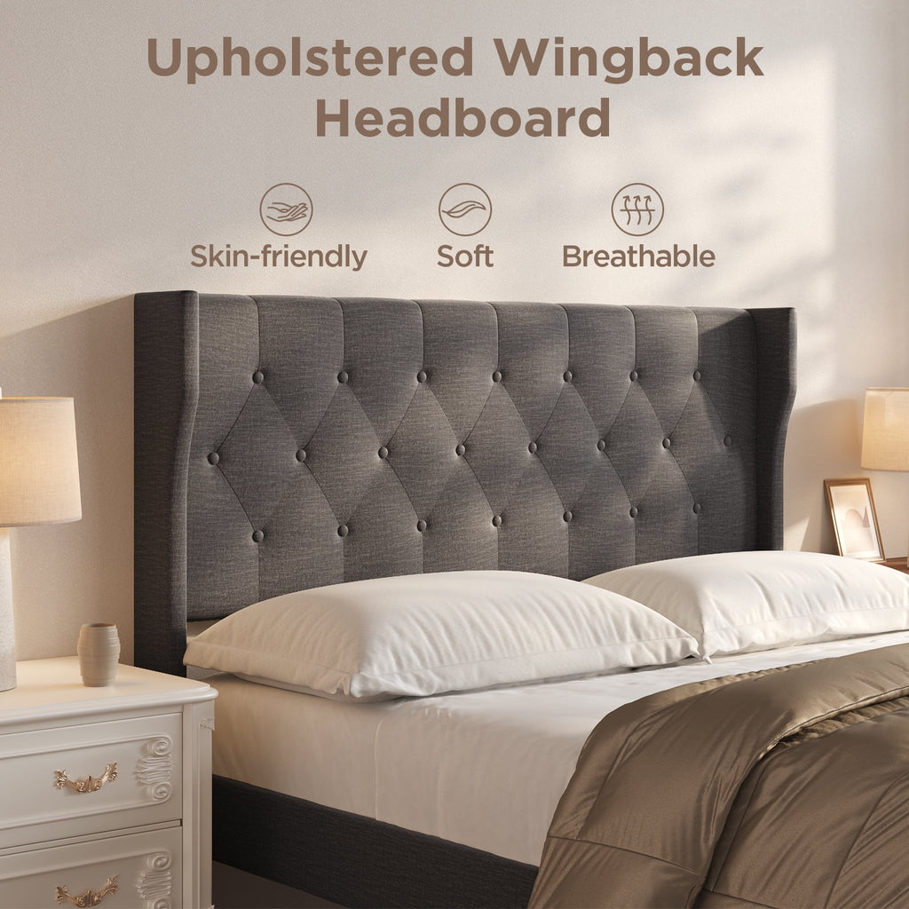 Full Size Dark Gray Bed Frame with Button Tufted Headboard M61723
