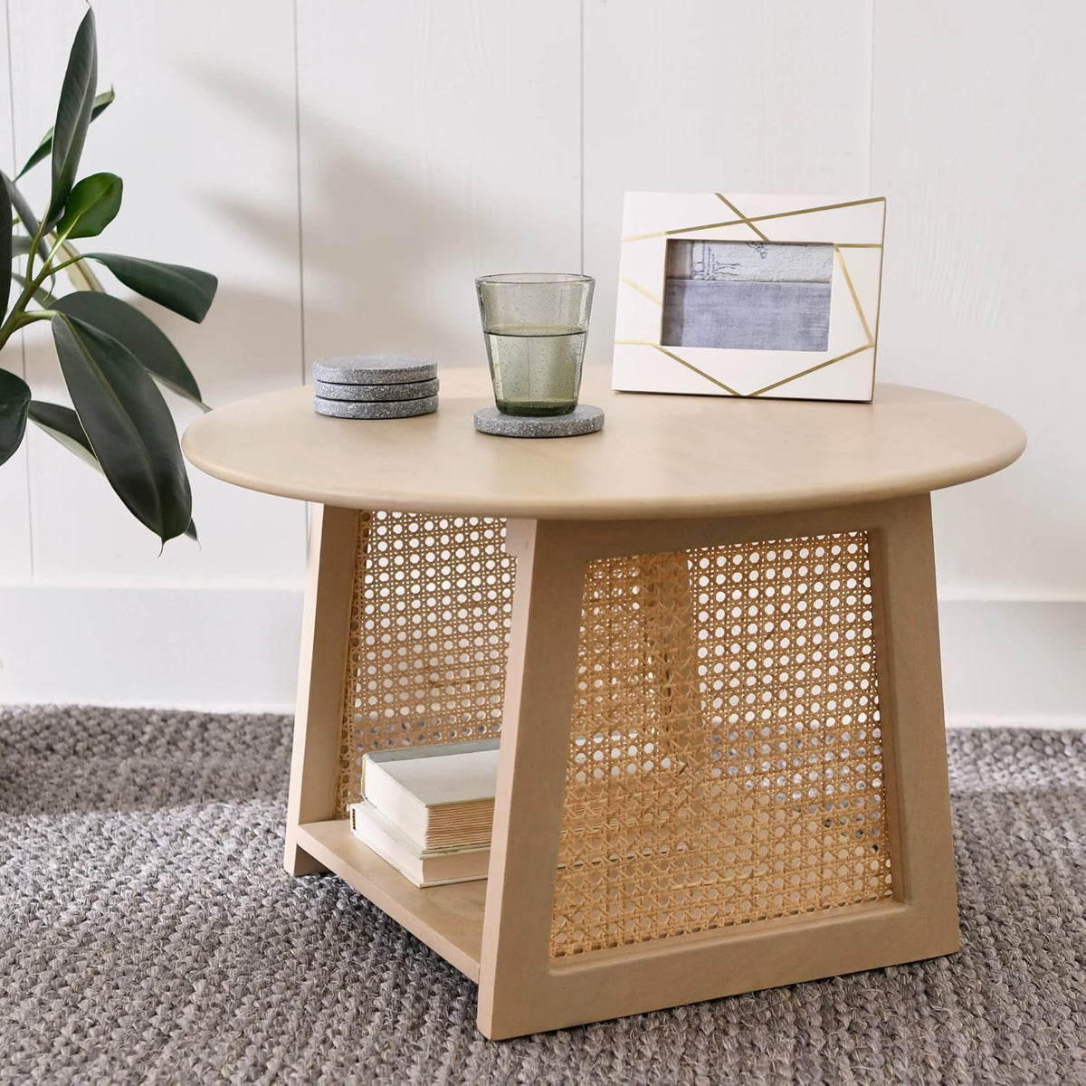 Natural Cane and Solid Mango Wood Round Coffee Table W868069