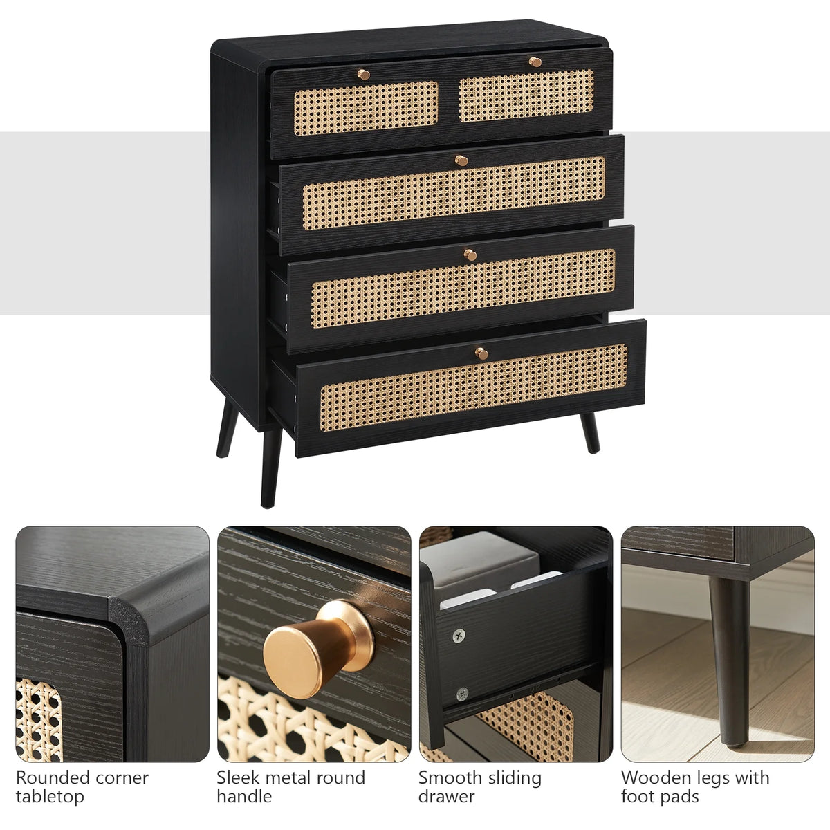 4 Drawer Natural Rattan Wood Dresser M34425