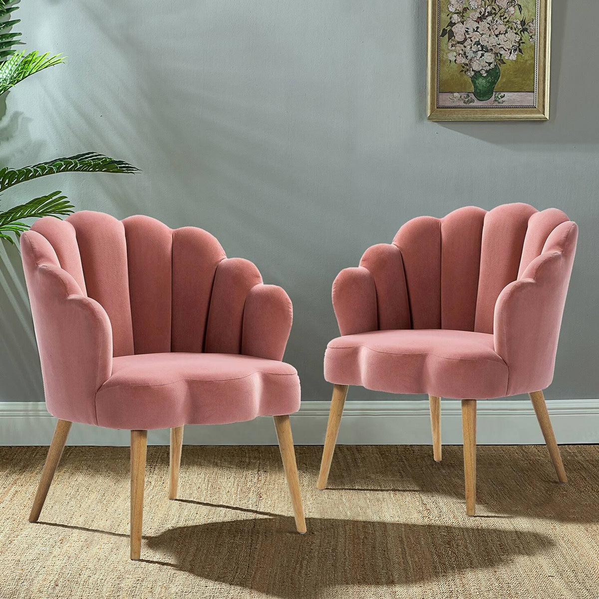 Pink Scalloped Velvet Arm Chair Set of 2 U79419