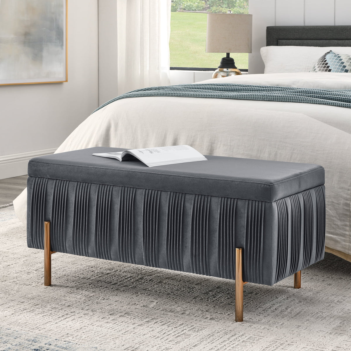 Grey Velvet Storage Bench T70299