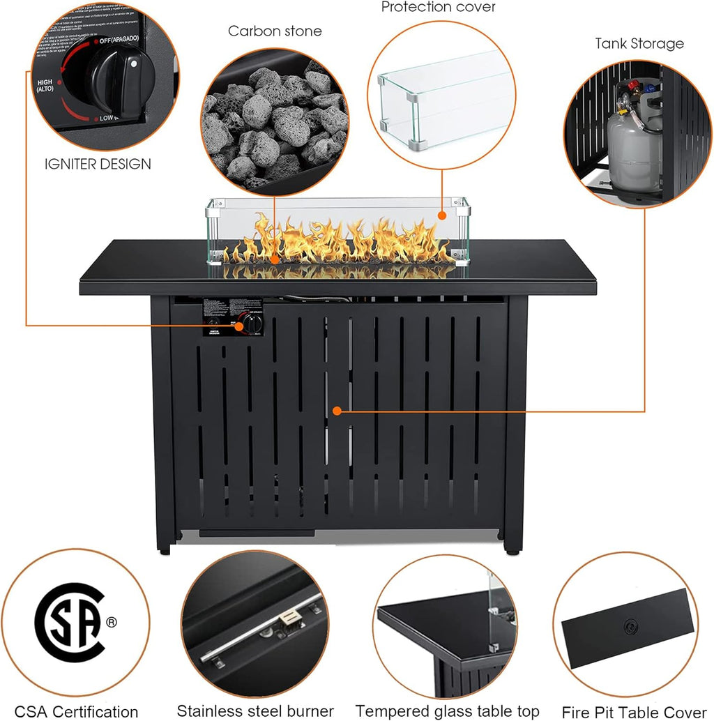 43 Inch 50,000 BTU Auto-Ignition Gas Fire Pit Table with Glass Wind Guard, Lava Stone Z325046