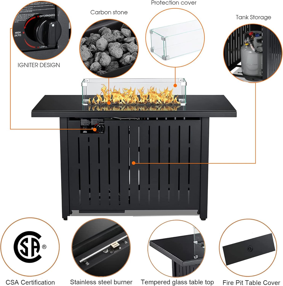 43 Inch 50,000 BTU Auto-Ignition Gas Fire Pit Table with Glass Wind Guard, Lava Stone Z325046