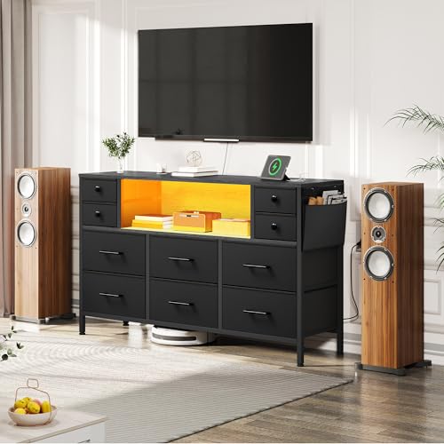 Black 9 Drawer TV Stand with Charging Station L136