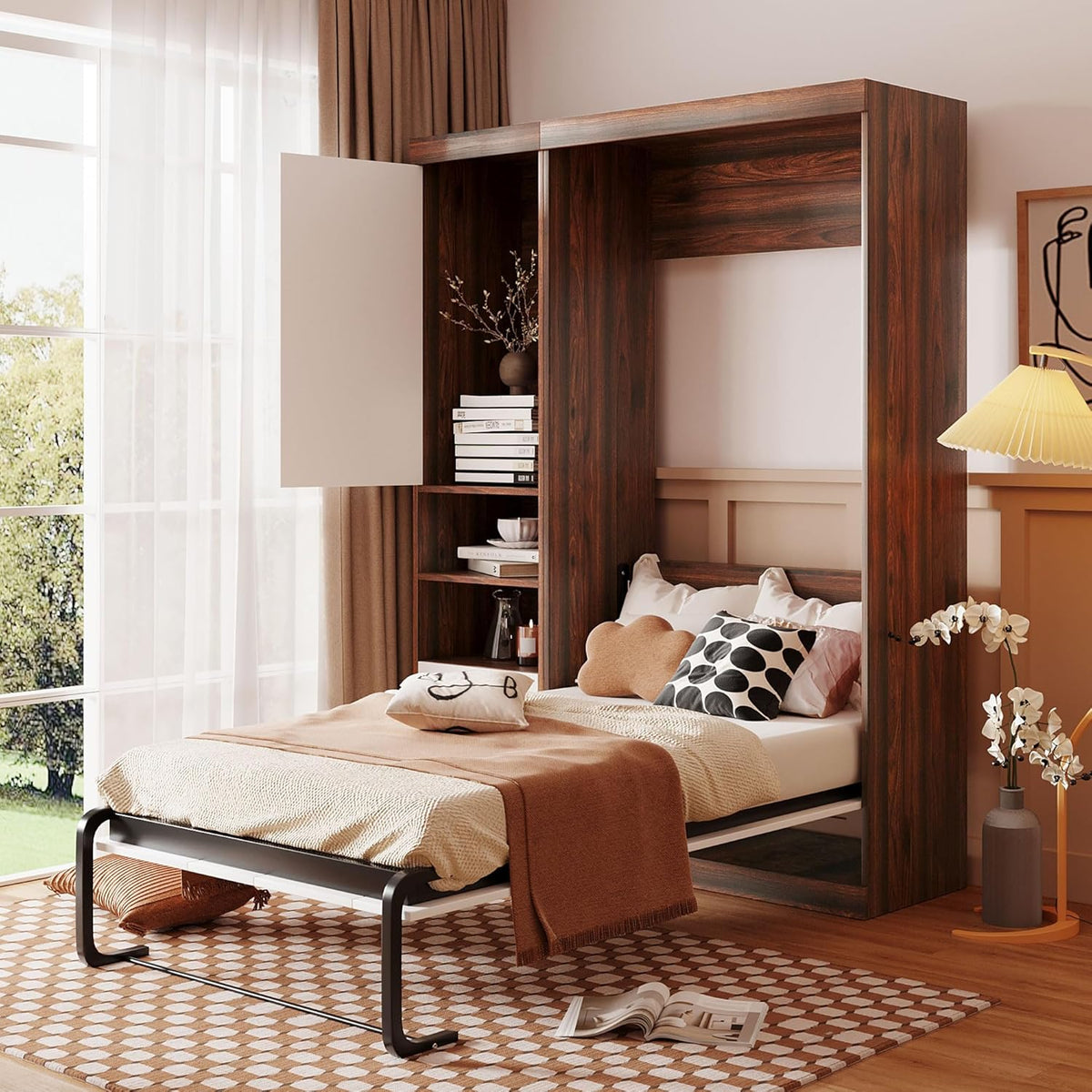 White Twin Size Wooden Murphy Wall Bed with Cabinet and Storage Drawers Q27657