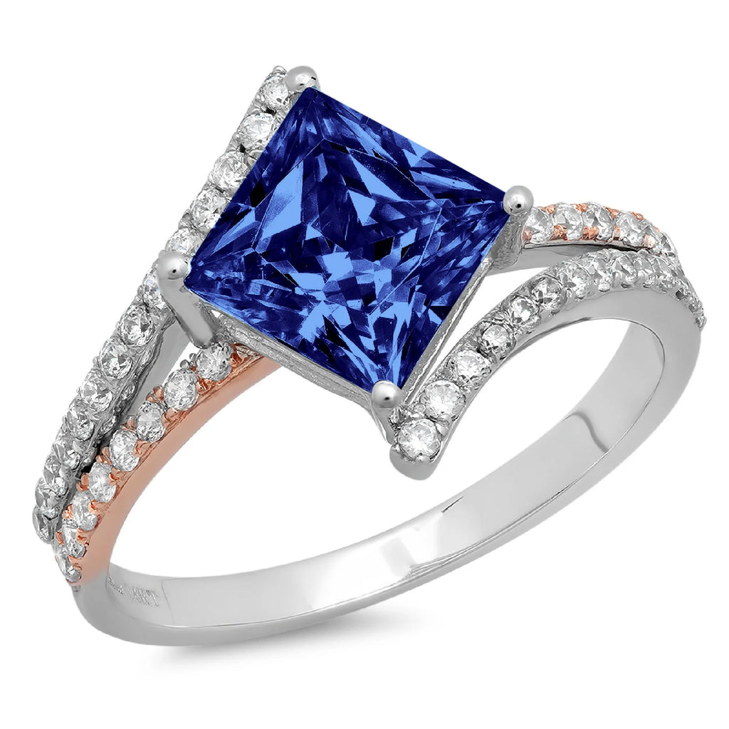 14k White Rose Gold Princess Cut Blue Simulated Tanzanite Ring Size 4 P579