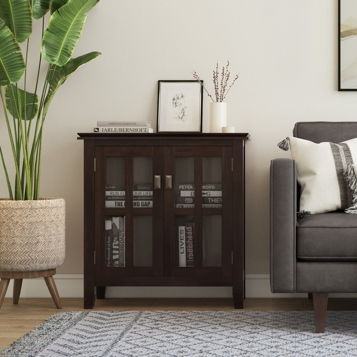 Solid Wood 30 inch Wide Low Storage Cabinet in Tobacco Brown H27942