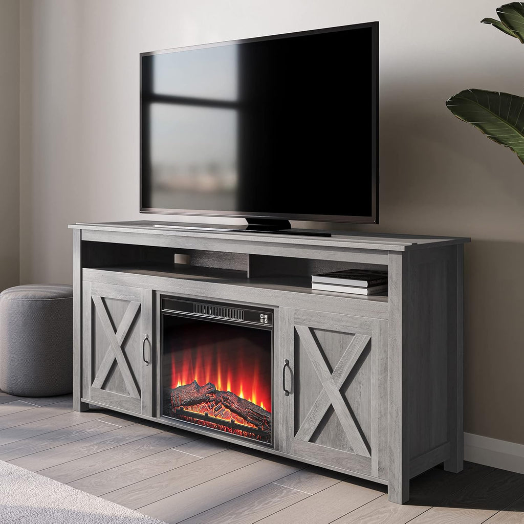 Gray Wash Barn Door Wood Electric Fireplace TV Stand W65645