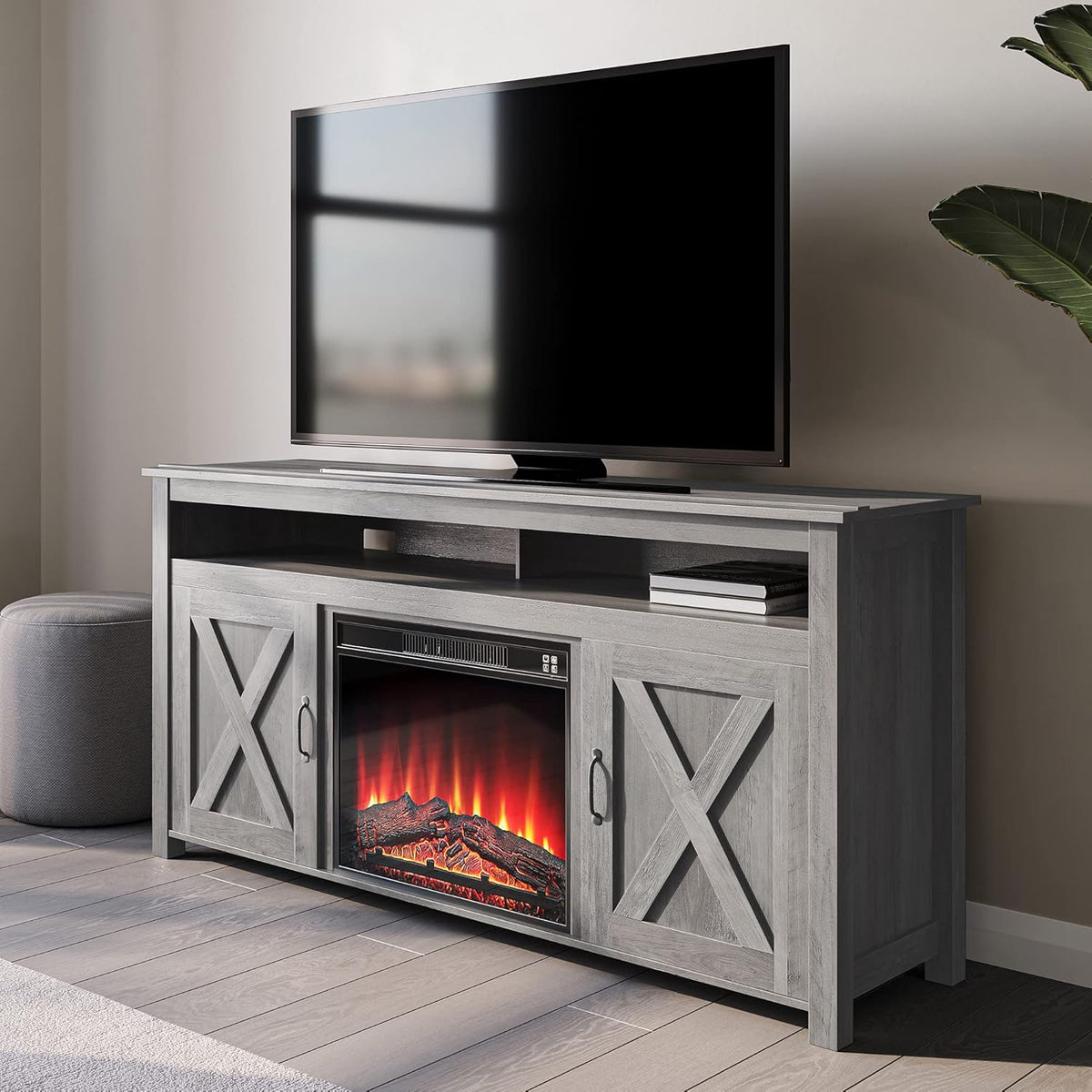 Gray Wash Barn Door Wood Electric Fireplace TV Stand W65645