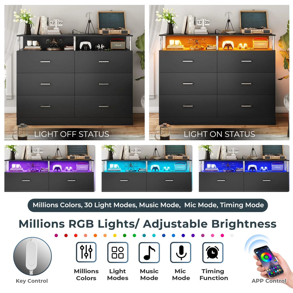 Black 6 Drawer Dresser with Charging Station N21034