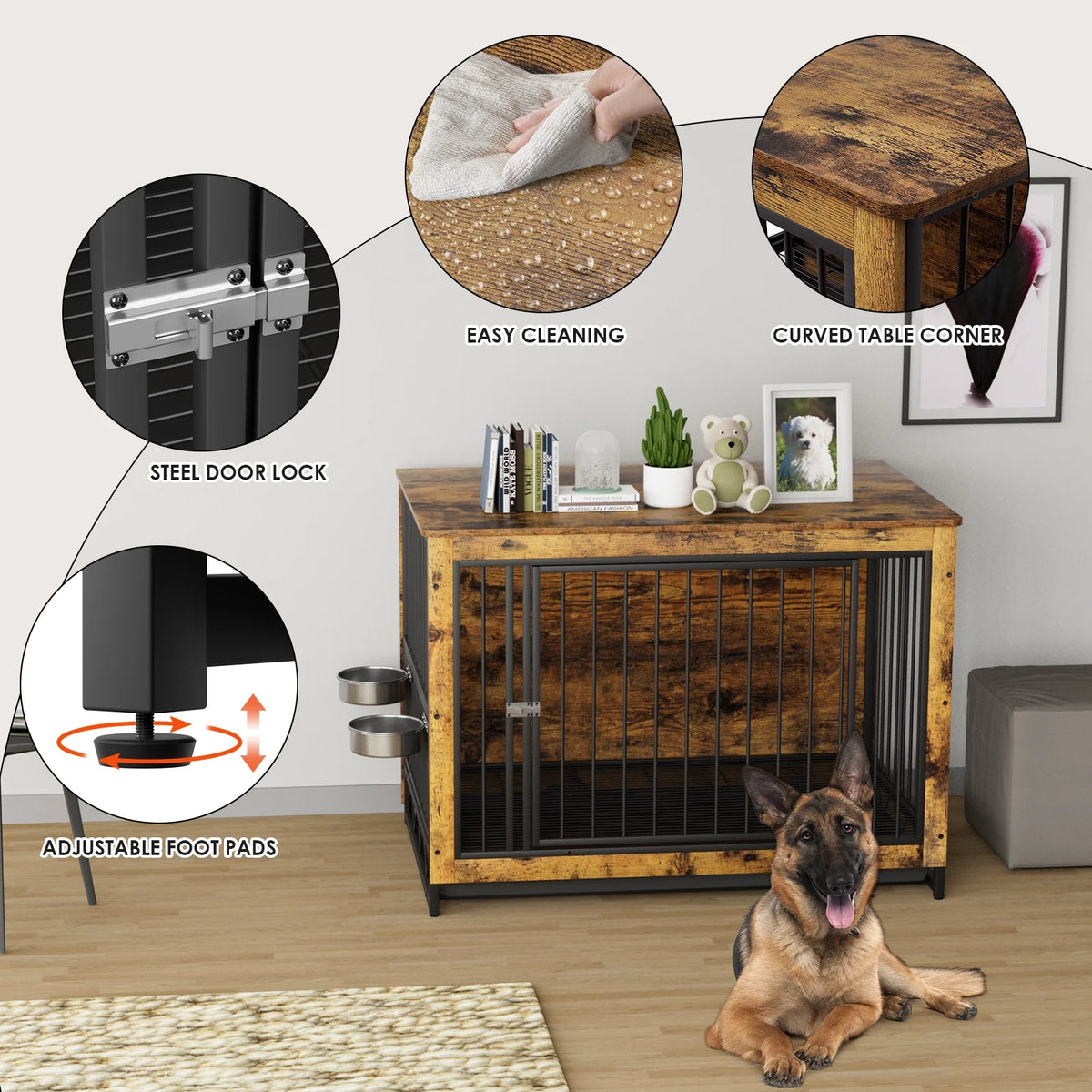 44.1'' Wooden Dog Crate with 2 Stainless Steel Bowls R679