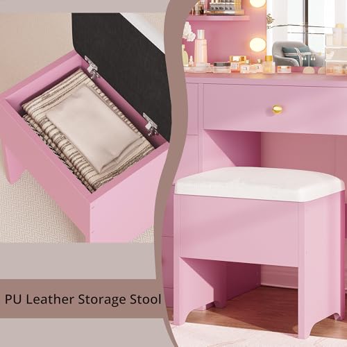 White Vanity Desk with Mirror and Lights, 5 Drawers, and Stool B659228