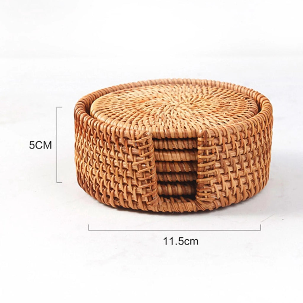 6x Round Rattan Coasters with Holder L458
