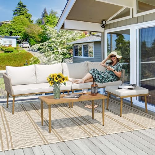 4 Pieces Grey Wicker Patio Furniture Set with Cushions B471