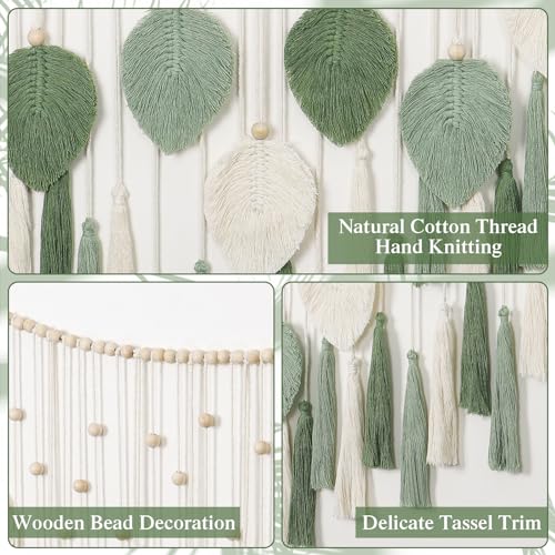 Large Macrame Wall Hanging Beige Green Feather Tapestry Wall Art Wooden Beads Handmade Woven Leaf Tassels Wall Decor Z4127