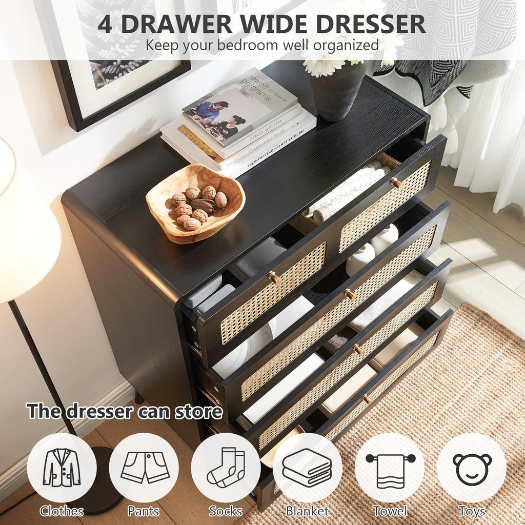 4 Drawer Natural Rattan Wood Dresser M34425