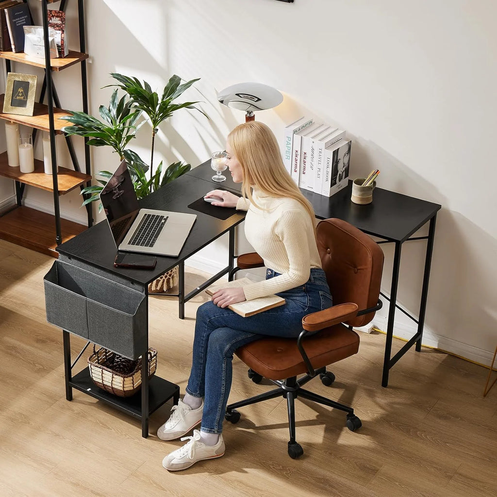 Black L Shaped Computer Desk with Wooden Desktop CPU Stand Side Bag N589313