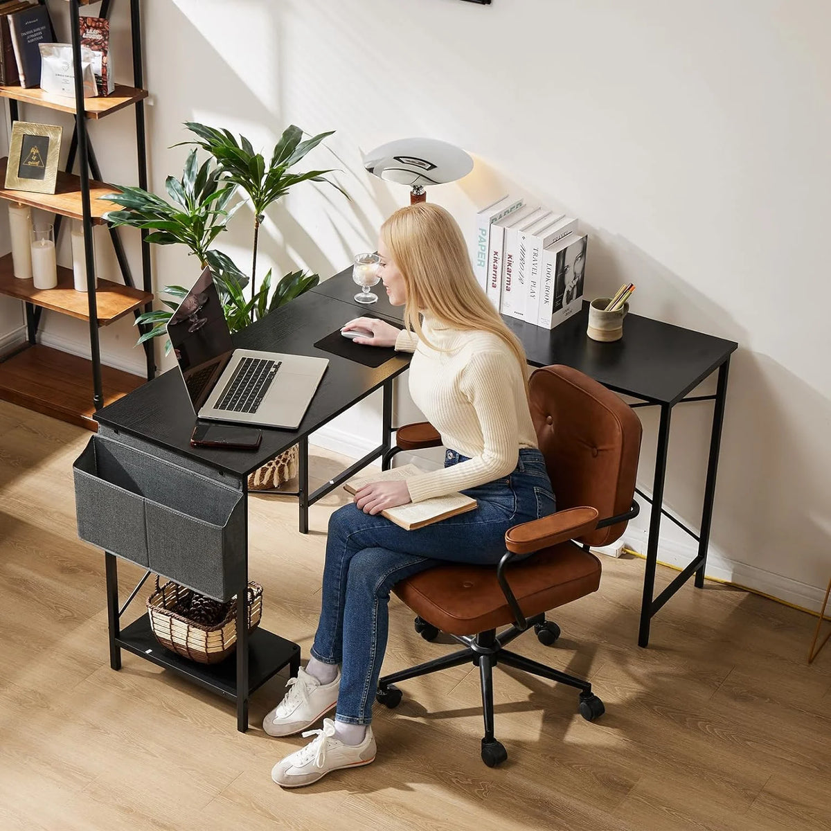 Black L Shaped Computer Desk with Wooden Desktop CPU Stand Side Bag N589313