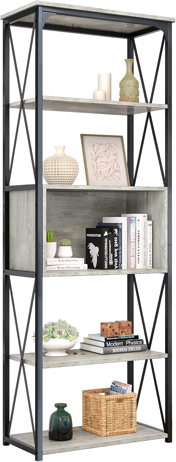 Rustic Brown and Black 5 Tier Bookshelf T318