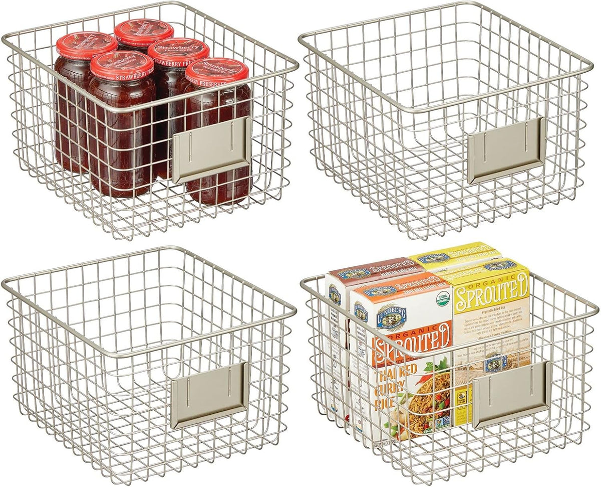 Bronze Metal Wire Food Organizer Storage Bin Basket with Label Slot, 4 Pack J999