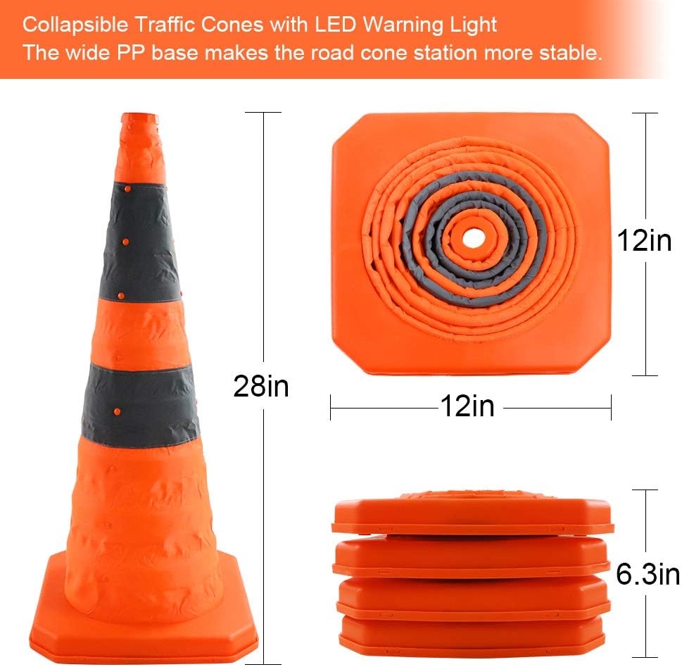 4 Pack Orange Collapsible Traffic Cones with LED Light K1618