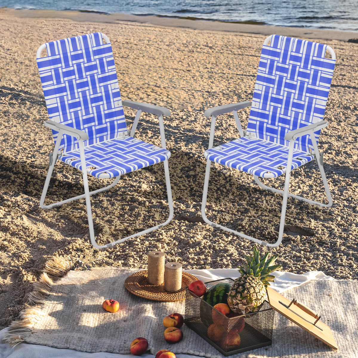 Folding Webbed Beach Chairs Set of 2 with Armrests, Blue P815549