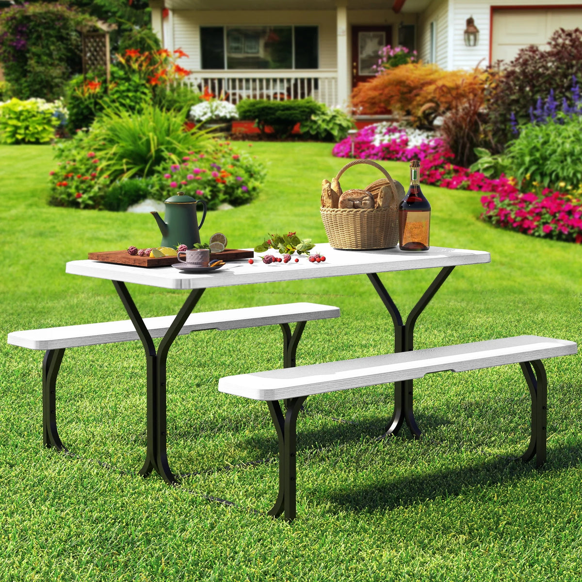 Heavy-Duty Outdoor Picnic Table Set Black A748029