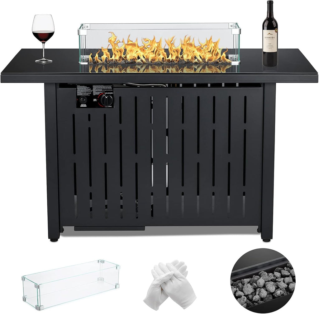 43 Inch 50,000 BTU Auto-Ignition Gas Fire Pit Table with Glass Wind Guard, Lava Stone Z325046