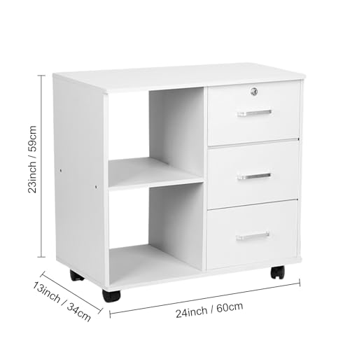 White 3 Drawer Wood Mobile File Cabinet with Open Storage Shelves F481206