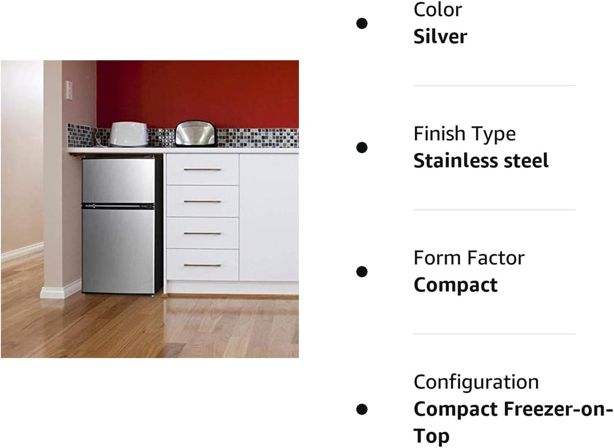 3.2 Cu Ft Two Door Mini Fridge with Freezer, Stainless Steel A974