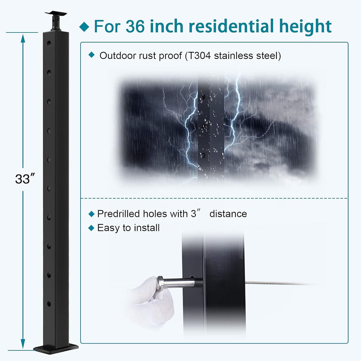 4 Pack Stainless Steel Black Cable Railing Post X42221