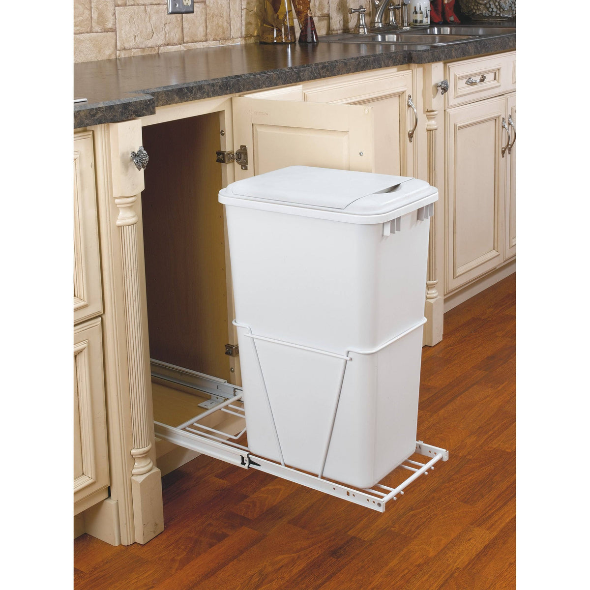 White Plastic Pull Out Trash Can B3168