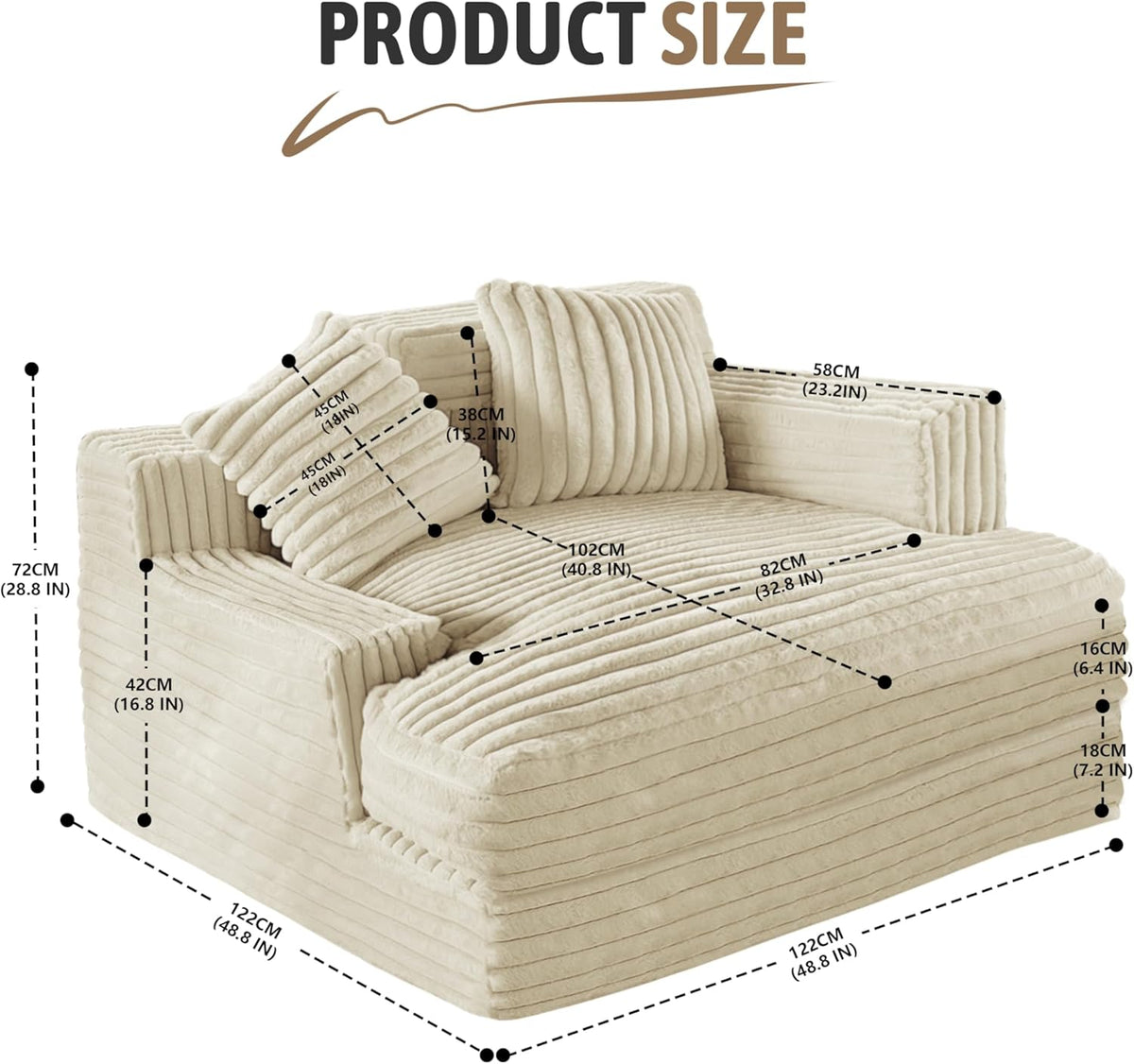 Oversized Chaise Lounge Sofa with 2 Throw Pillows D5539