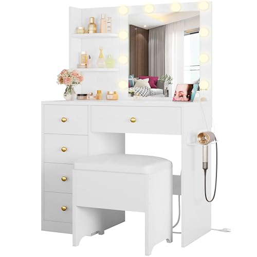 White Vanity Desk with Mirror and Lights, 5 Drawers, and Stool B659228