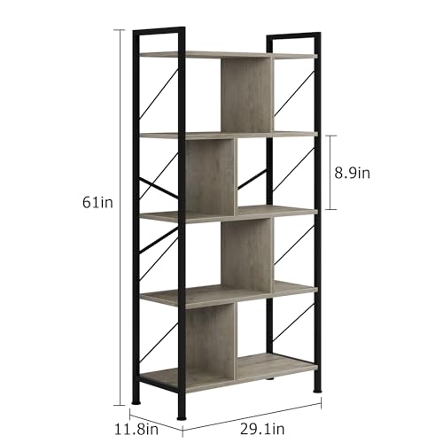 5 Tier Rustic Brown Bookshelf with Metal Frame G165293