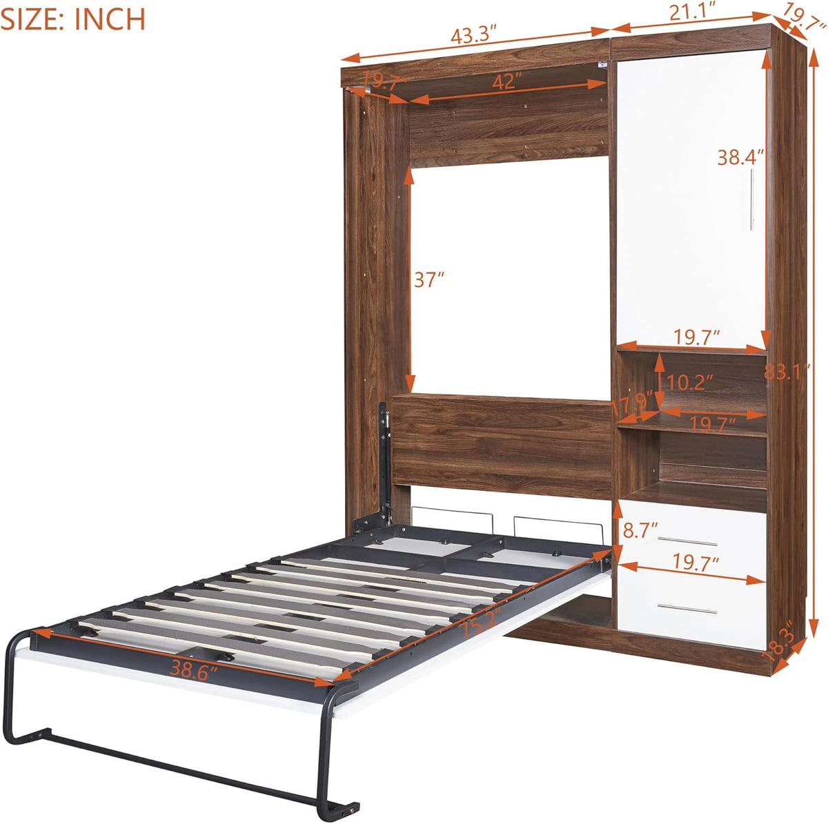 White Twin Size Wooden Murphy Wall Bed with Cabinet and Storage Drawers Q27657