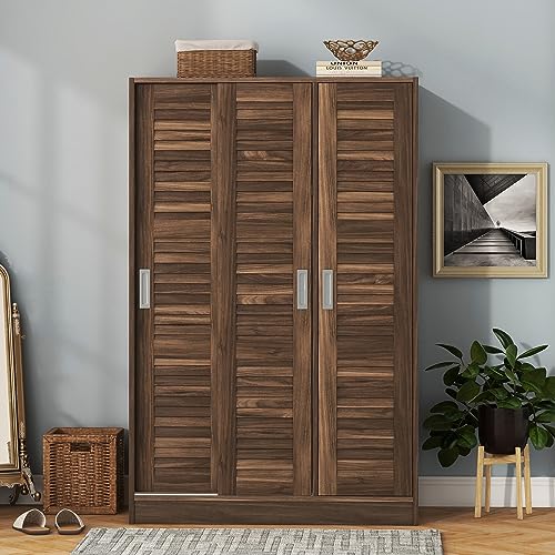3 Door Freestanding Wardrobe Closet with Sliding Doors and Hanging Rod M88686