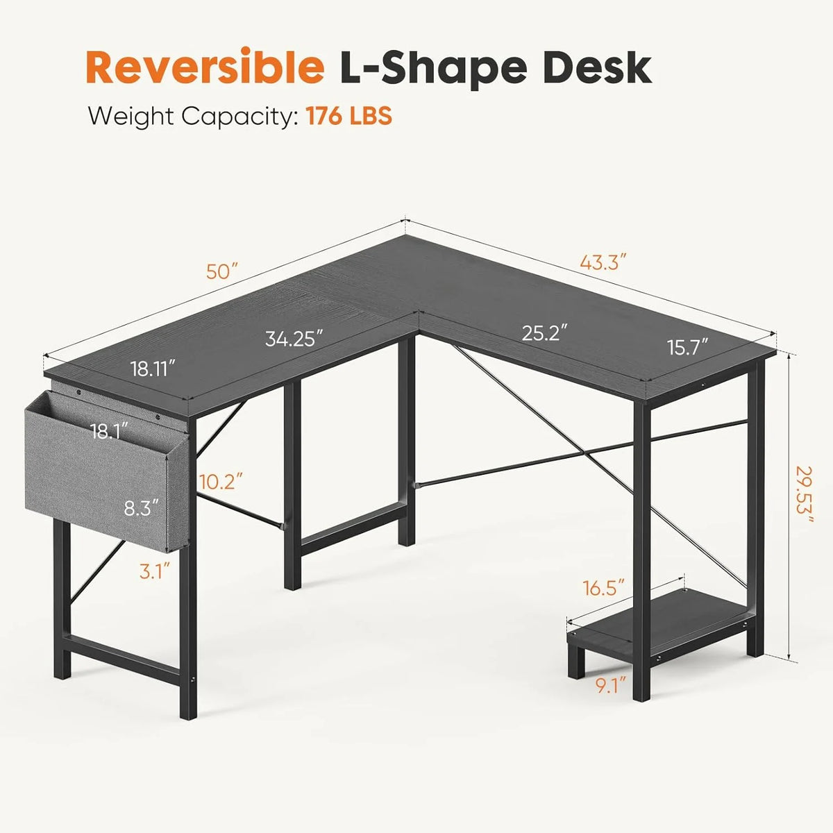 Black L Shaped Computer Desk with Wooden Desktop CPU Stand Side Bag N589313