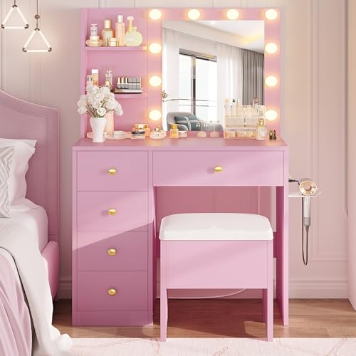 White Vanity Desk with Mirror and Lights, 5 Drawers, and Stool B659228