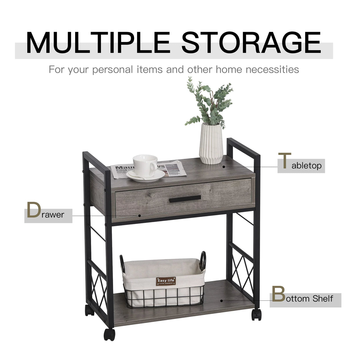 Grey Industrial End Table with Drawer and Bottom Shelf K366