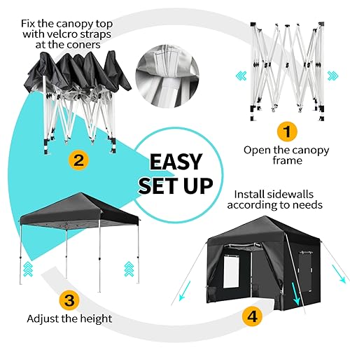 10x10 Pop Up Canopy Tent with 4 Removable Sidewalls and Windows, Black A7579