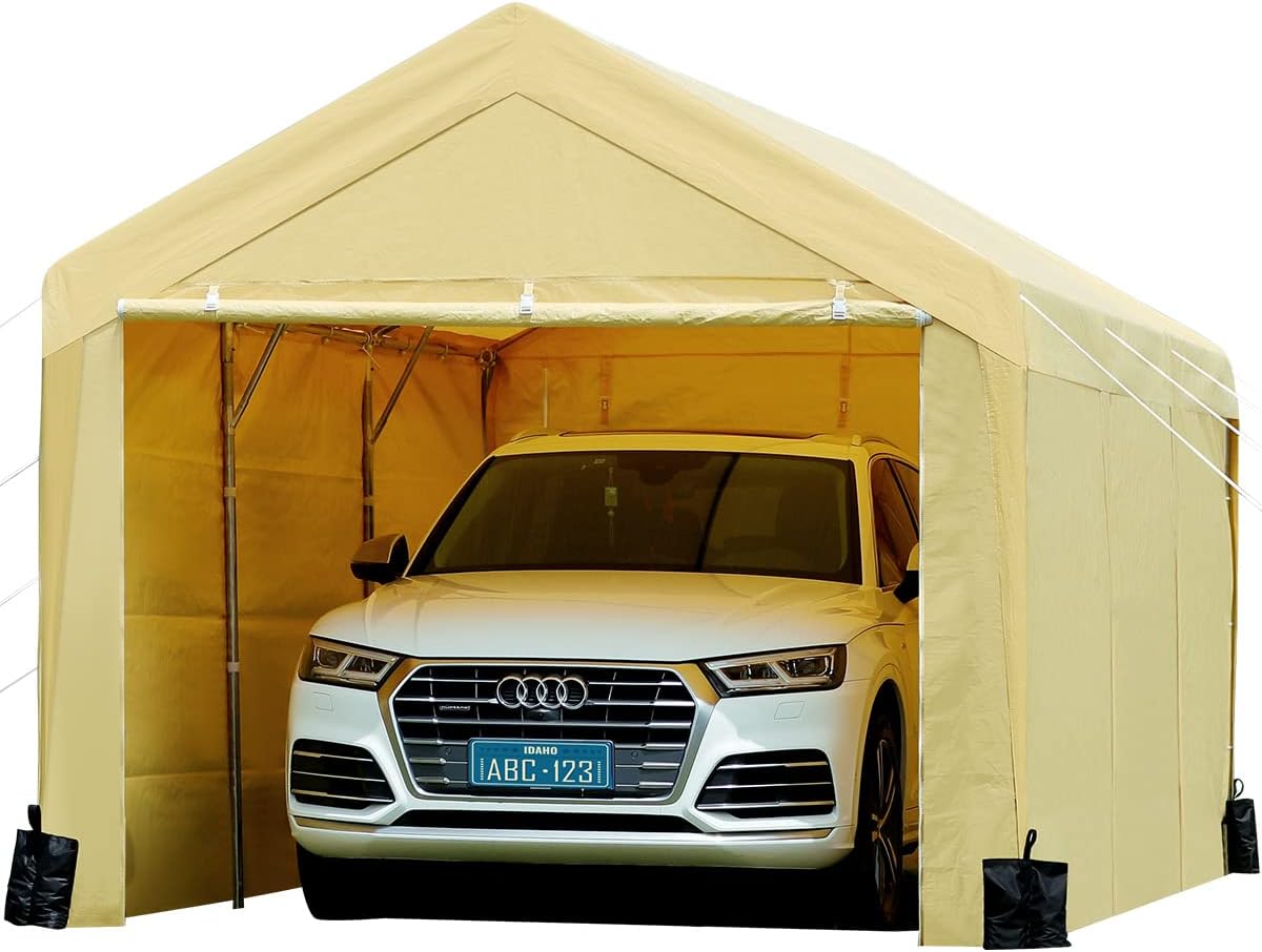 Beige 10 x 20 ft Carport with Removable Sidewalls and Doors V26705